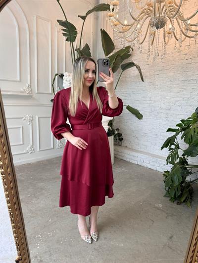 Liza Balon Kol Tasarım Saten Elbise Bordo