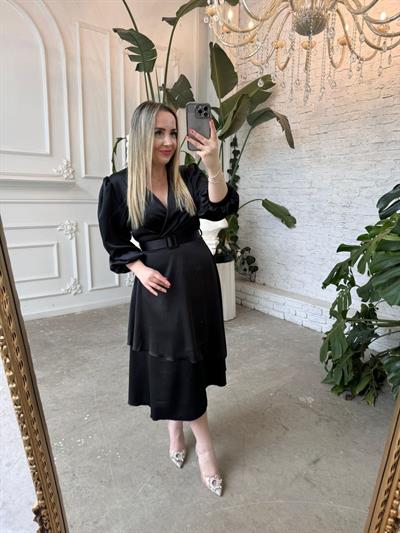 Liza Balon Kol Tasarım Saten Elbise Siyah