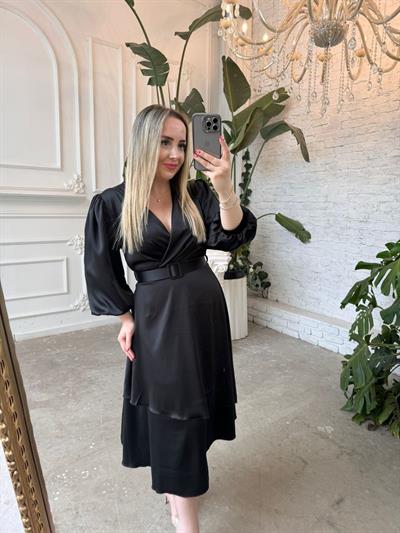 Liza Balon Kol Tasarım Saten Elbise Siyah