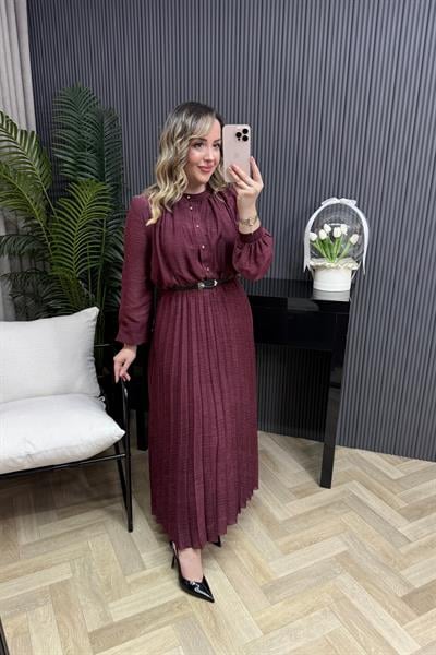 Lona Pilise Kumaş Kemerli Şifon Elbise Bordo