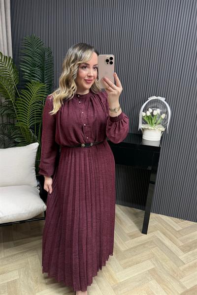 Lona Pilise Kumaş Kemerli Şifon Elbise Bordo
