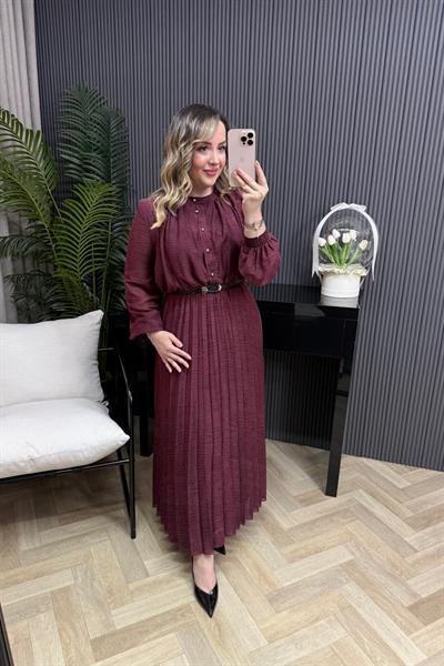 Lona Pilise Kumaş Kemerli Şifon Elbise Bordo