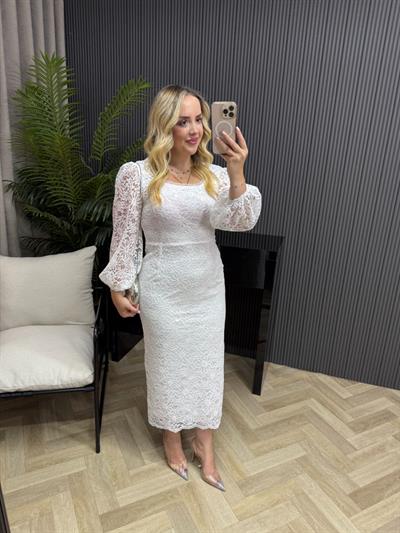 Lori Dantel Tasarım Kalem Form Elbise Beyaz