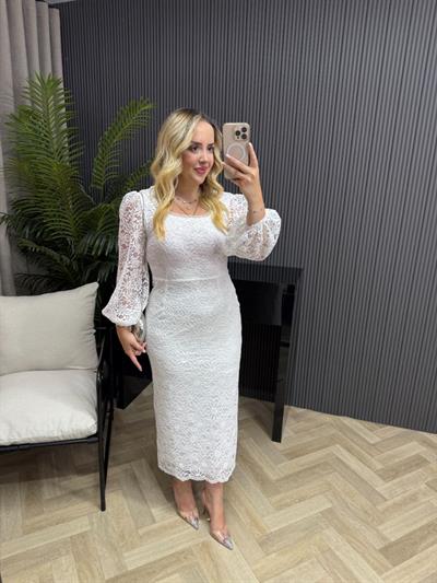 Lori Dantel Tasarım Kalem Form Elbise Beyaz