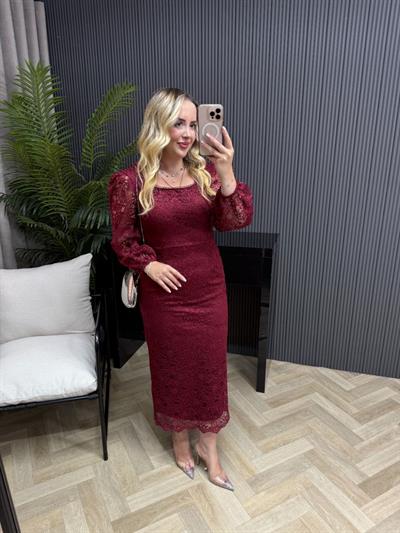 Lori Dantel Tasarım Kalem Form Elbise Bordo