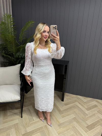 Lori Dantel Tasarım Kalem Form Elbise Beyaz