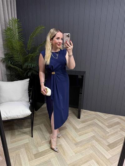 Loye Gold Detaylı Drapeli Elbise Lacivert