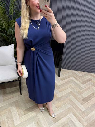 Loye Gold Detaylı Drapeli Elbise Lacivert