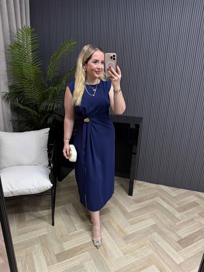 Loye Gold Detaylı Drapeli Elbise Lacivert
