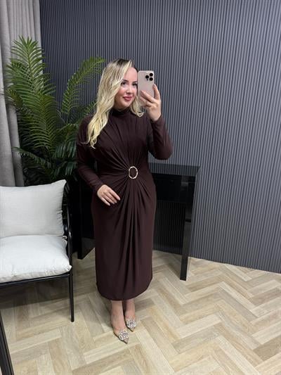 Loza Gold Tokalı Tasarım Elbise Acı Kahve