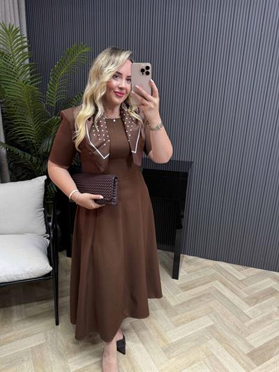 Mabel Şal Aksesuarlı Prenses Model Elbise Acı Kahve