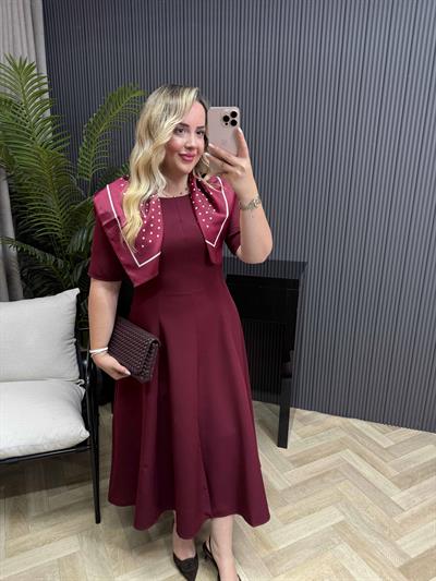 Mabel Şal Aksesuarlı Prenses Model Elbise Bordo