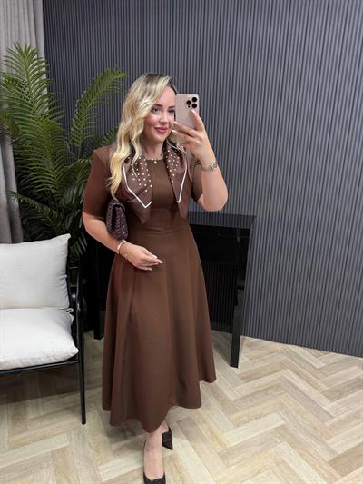 Mabel Şal Aksesuarlı Prenses Model Elbise Acı Kahve