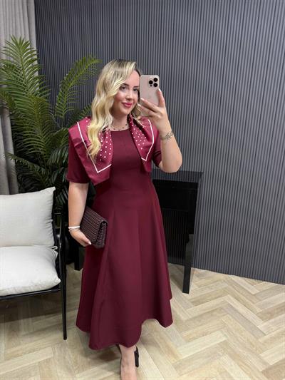 Mabel Şal Aksesuarlı Prenses Model Elbise Bordo