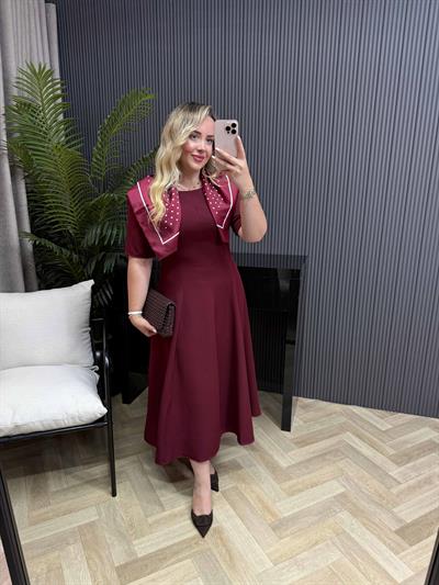 Mabel Şal Aksesuarlı Prenses Model Elbise Bordo
