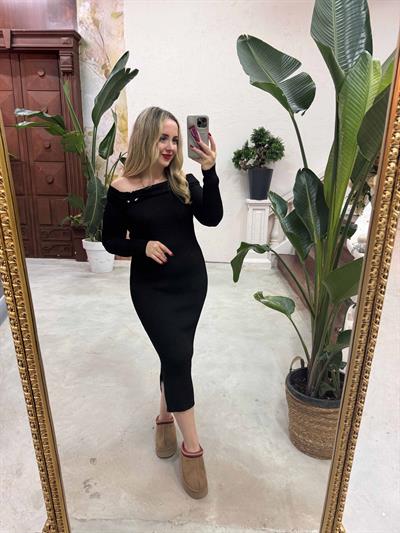 Madonna Yaka Çelik Kumaş Triko Elbise Siyah