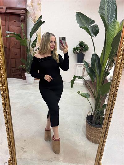 Madonna Yaka Çelik Kumaş Triko Elbise Siyah