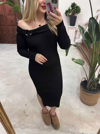 Madonna Yaka Çelik Kumaş Triko Elbise Siyah