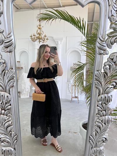 Madonna Yaka Hasır Kemerli Gipeli Fisto Elbise Siyah