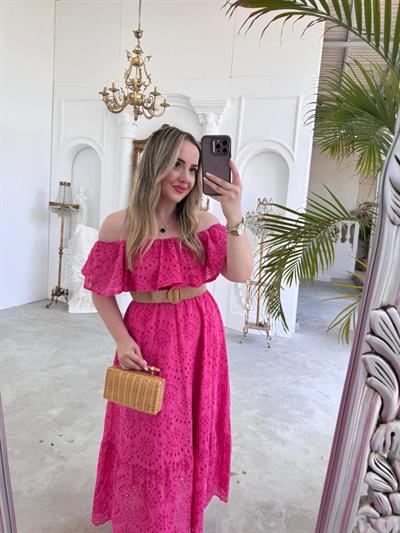 Madonna Yaka Hasır Kemerli Gipeli Fisto Elbise Fuşya