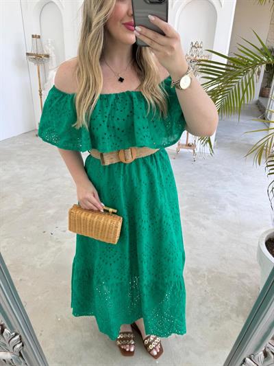 Madonna Yaka Hasır Kemerli Gipeli Fisto Elbise Yeşil