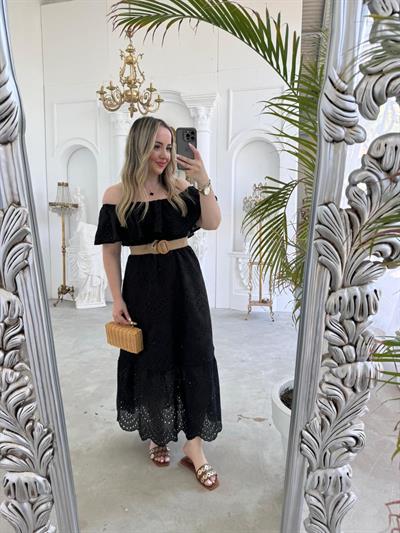 Madonna Yaka Hasır Kemerli Gipeli Fisto Elbise Siyah