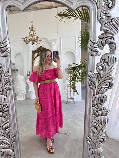 Madonna Yaka Hasır Kemerli Gipeli Fisto Elbise Fuşya