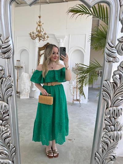 Madonna Yaka Hasır Kemerli Gipeli Fisto Elbise Yeşil