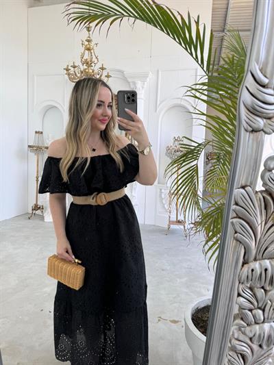 Madonna Yaka Hasır Kemerli Gipeli Fisto Elbise Siyah