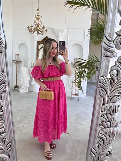 Madonna Yaka Hasır Kemerli Gipeli Fisto Elbise Fuşya