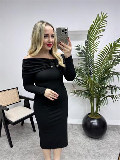 Madonna Yaka İnci Detaylı Elbise Siyah