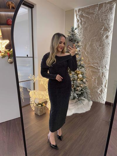 Madonna Yaka Kendinden Simli Kumaş Elbise