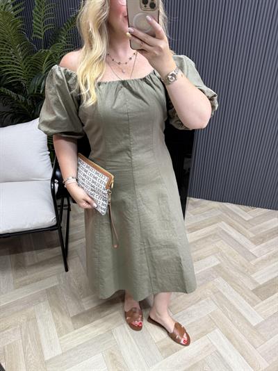 Madonna Yaka Keten Elbise Haki