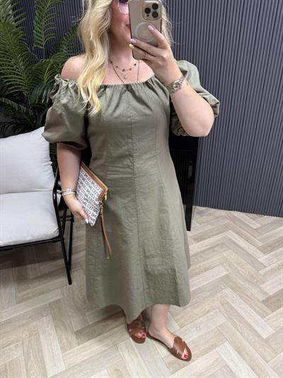 Madonna Yaka Keten Elbise Haki