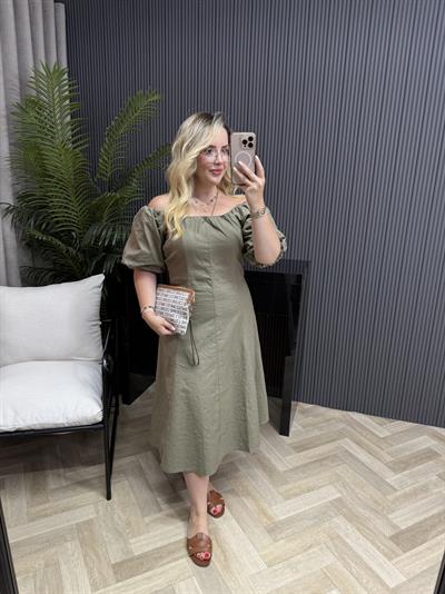 Madonna Yaka Keten Elbise Haki