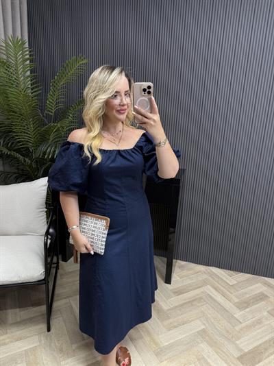 Madonna Yaka Keten Elbise Lacivert