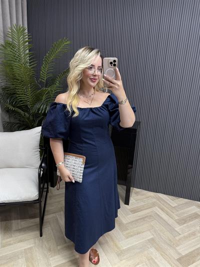 Madonna Yaka Keten Elbise Lacivert