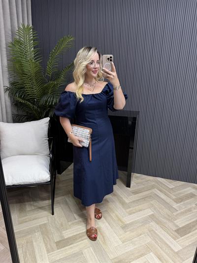 Madonna Yaka Keten Elbise Lacivert