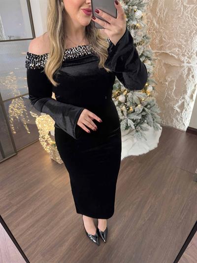 Madonna Yaka Payet Detaylı Kadife Kalem Elbise