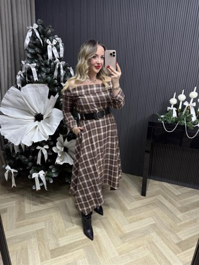 Madonna Yaka Siyah Kemerli Kahverengi Ekose Gömlek Elbise