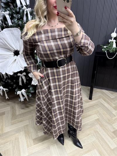 Madonna Yaka Siyah Kemerli Kahverengi Ekose Gömlek Elbise