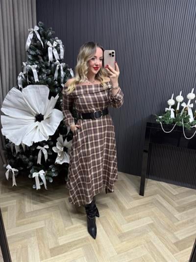 Madonna Yaka Siyah Kemerli Kahverengi Ekose Gömlek Elbise