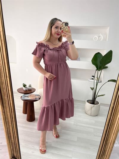 Madonno Yaka Gül Kurusu Renk Elbise