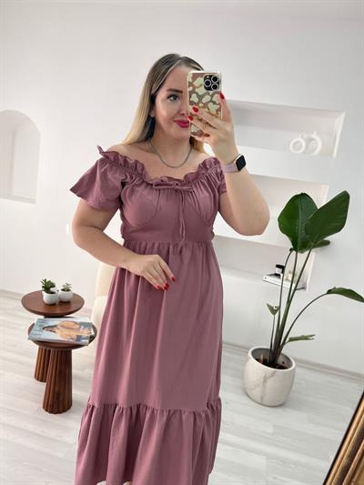 Madonno Yaka Gül Kurusu Renk Elbise