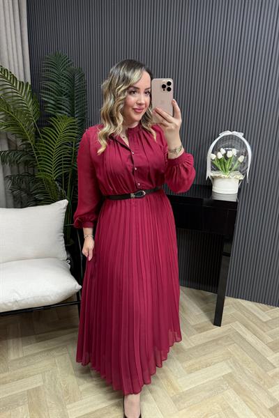Mahal Pilise Kumaş Kemerli Şifon Elbise Bordo