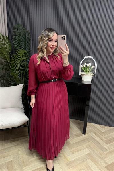 Mahal Pilise Kumaş Kemerli Şifon Elbise Bordo