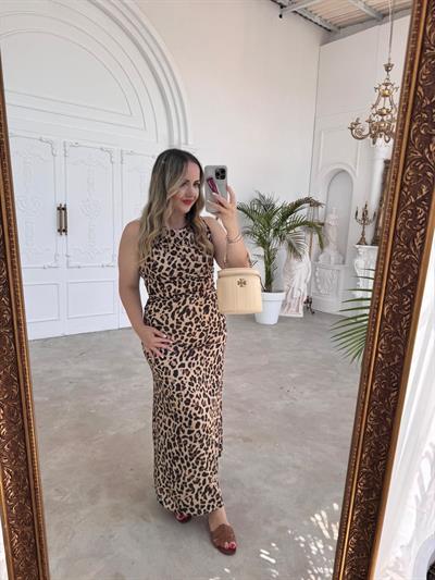 Marka Model Leopar Askılı Saten Elbise