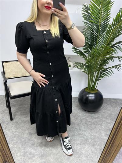 Marka Model Tasarım Düğmeli Kot Elbise Siyah
