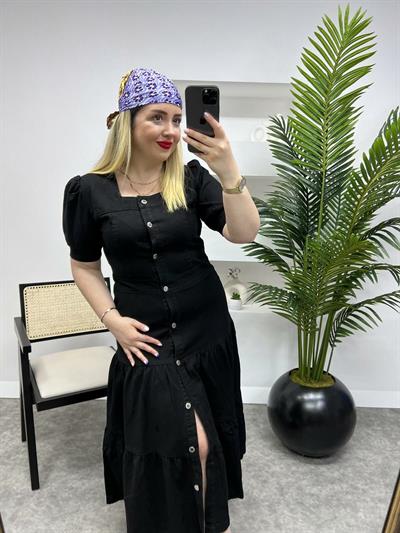 Marka Model Tasarım Düğmeli Kot Elbise Siyah