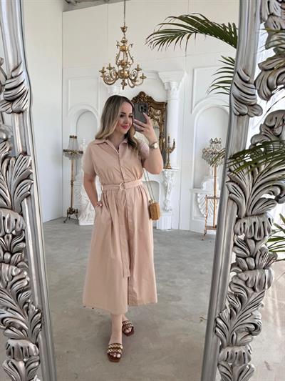 Matilda Kısa Kollu Pamuk Saten Elbise Bej